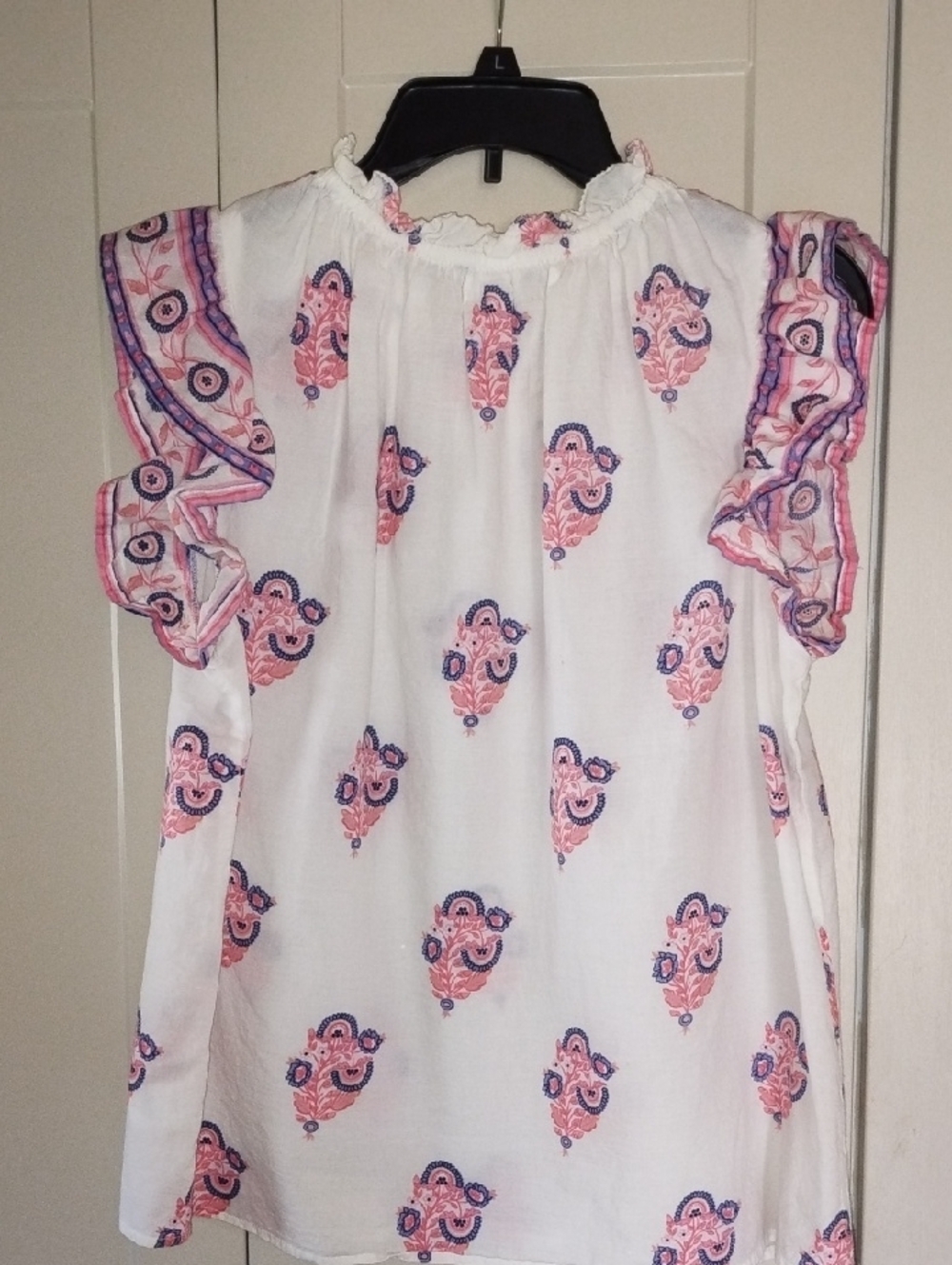 THML White Floral Print Flutter Sleeve Top with Pink and Navy Accents - Picture 5 of 5